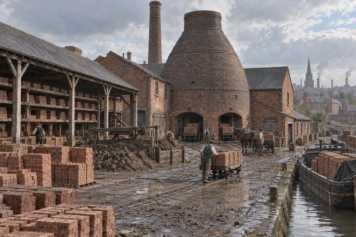 Brickworks, c. 1886; AI-generated historical interpretation set in Britain.