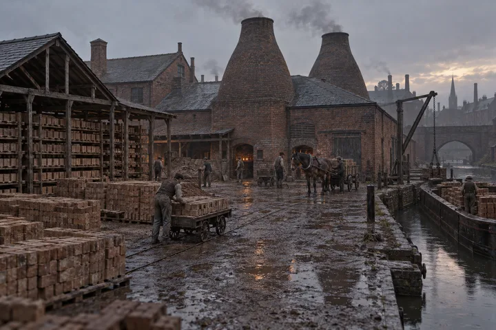 Brickworks, c. 1884; AI-generated historical interpretation set in Britain.