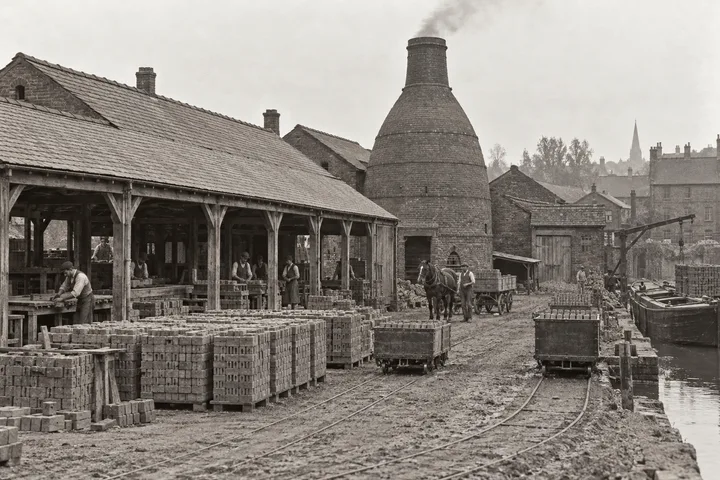Brickworks, c. 1882; AI-generated historical interpretation set in Britain.