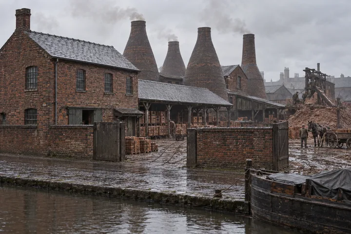 Brickworks, c. 1899; AI-generated historical interpretation set in Britain.