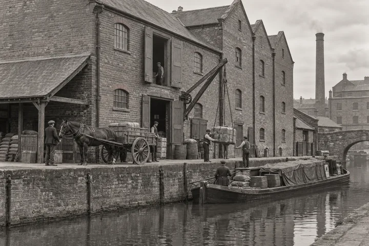 Canal Wharfs, c. 1892; AI-generated historical interpretation set in Britain.