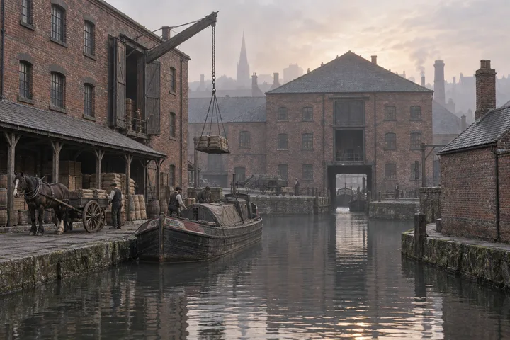 Canal Wharfs, c. 1898; AI-generated historical interpretation set in Britain.