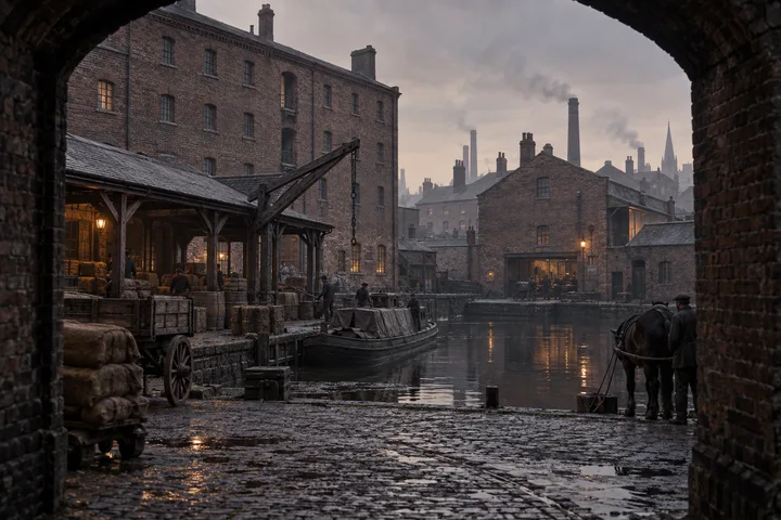 Canal Wharfs, c. 1883; AI-generated historical interpretation set in Britain.