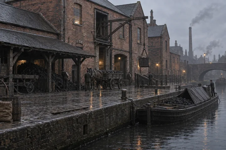 Canal Wharfs, c. 1901; AI-generated historical interpretation set in Britain.