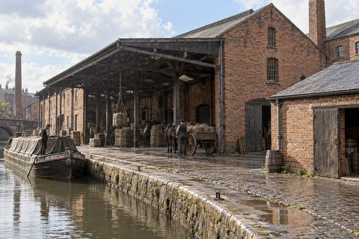 Canal Wharfs, c. 1890; AI-generated historical interpretation set in Britain.
