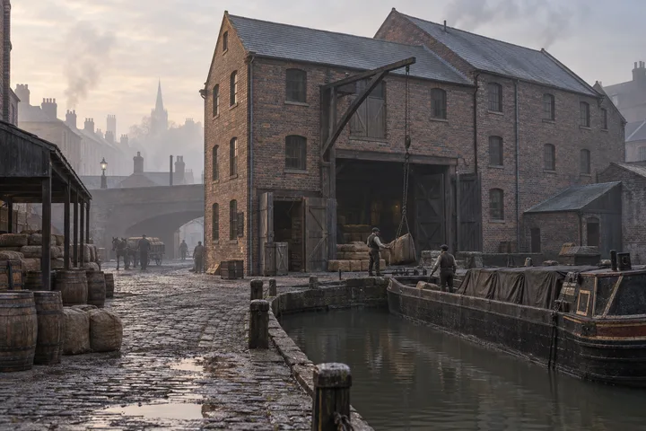 Canal Wharfs, c. 1900; AI-generated historical interpretation set in Britain.