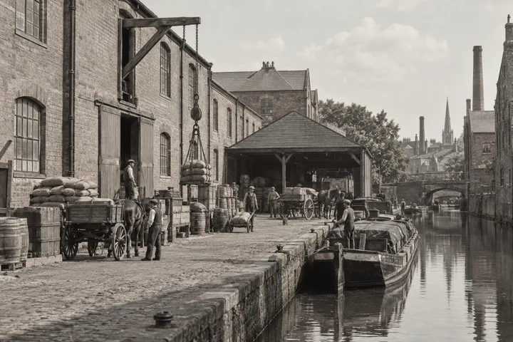 Canal Wharfs, c. 1904; AI-generated historical interpretation set in Britain.