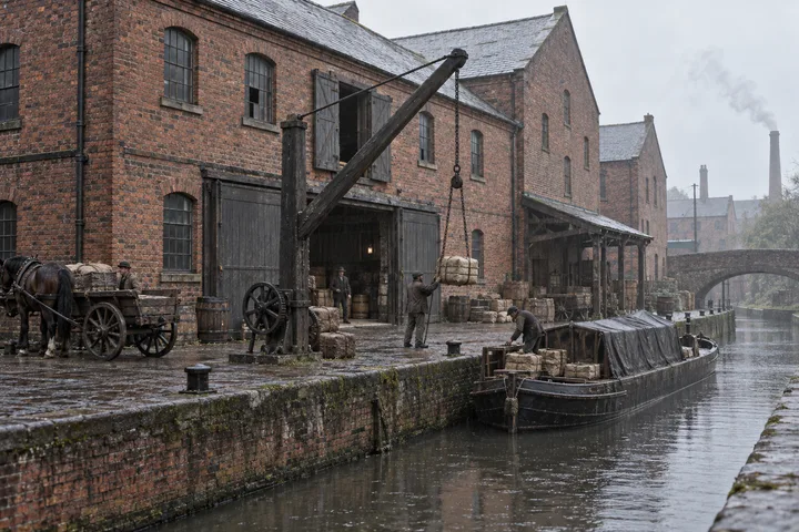 Canal Wharfs, c. 1881; AI-generated historical interpretation set in Britain.