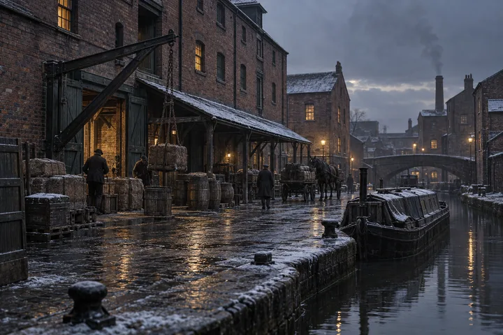 Canal Wharfs, c. 1907; AI-generated historical interpretation set in Britain.
