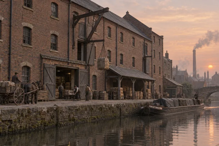 Canal Wharfs, c. 1894; AI-generated historical interpretation set in Britain.