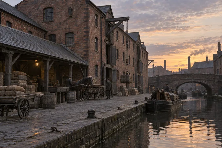 Canal Wharfs, c. 1909; AI-generated historical interpretation set in Britain.