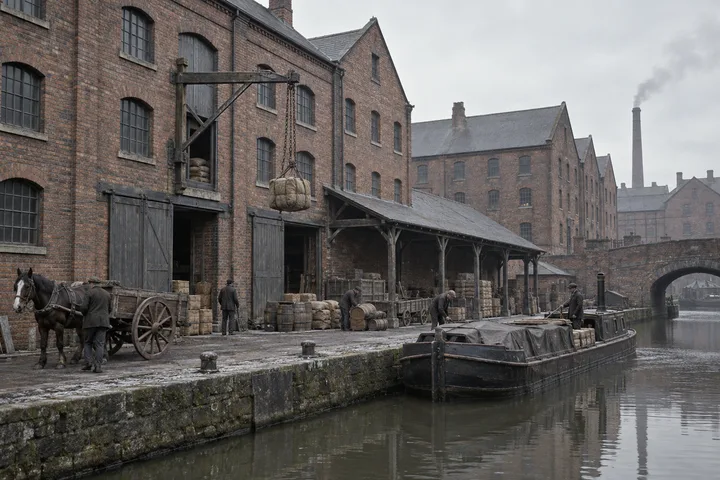 Canal Wharfs, c. 1883; AI-generated historical interpretation set in Britain.