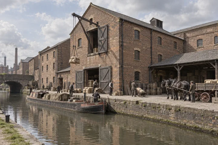 Canal Wharfs, c. 1886; AI-generated historical interpretation set in Britain.