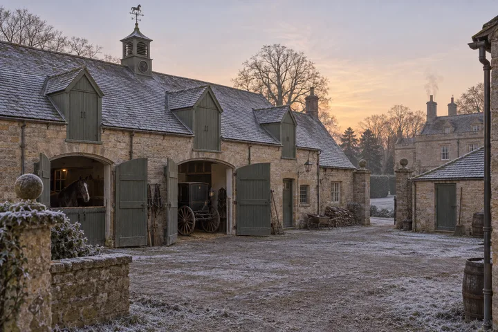 Coach Houses, c. 1887; AI-generated historical interpretation set in Britain.