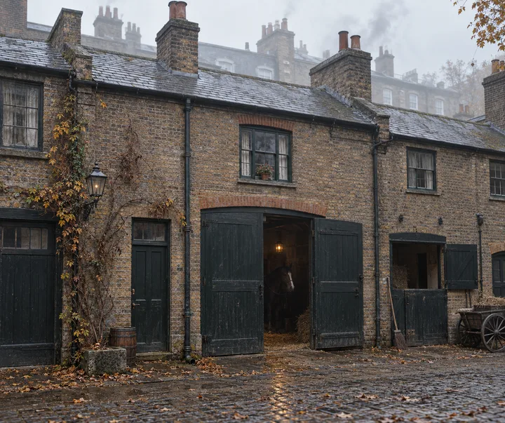 Coach Houses, c. 1892; AI-generated historical interpretation set in Britain.