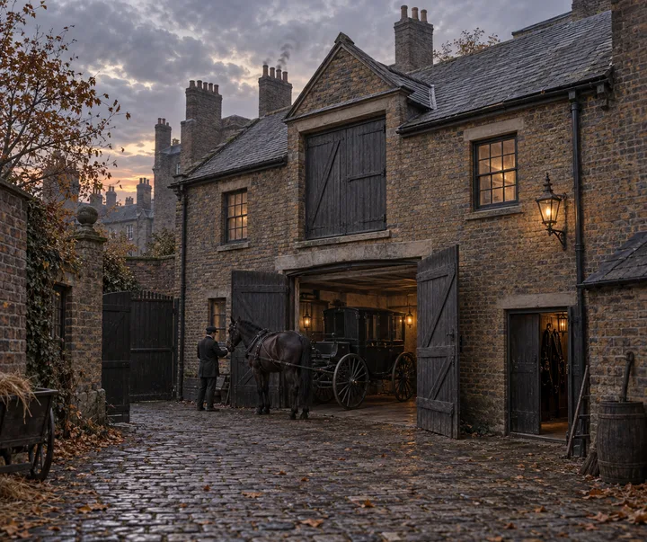 Coach Houses, c. 1891; AI-generated historical interpretation set in Britain.