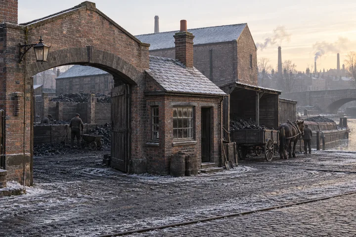 Coal Yards, c. 1908; AI-generated historical interpretation set in Britain.
