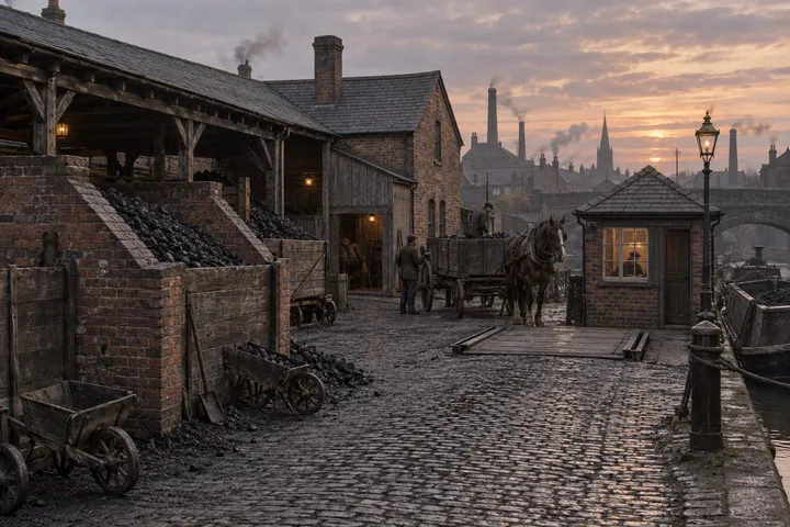 Coal Yards, c. 1896; AI-generated historical interpretation set in Britain.