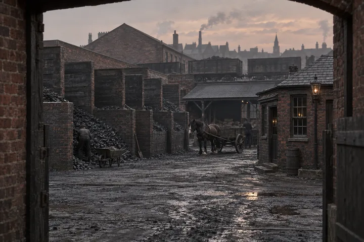 Coal Yards, c. 1908; AI-generated historical interpretation set in Britain.