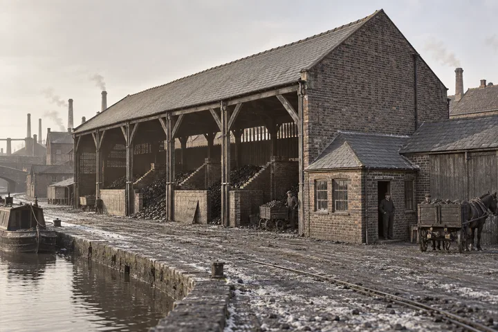 Coal Yards, c. 1889; AI-generated historical interpretation set in Britain.