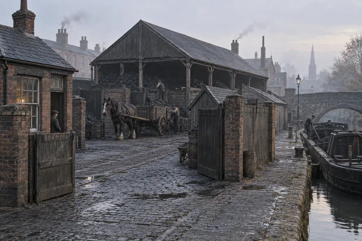 Coal Yards, c. 1906; AI-generated historical interpretation set in Britain.