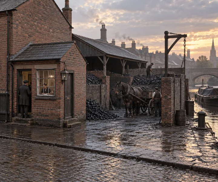 Coal Yards, c. 1899; AI-generated historical interpretation set in Britain.