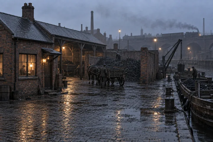 Coal Yards, c. 1888; AI-generated historical interpretation set in Britain.