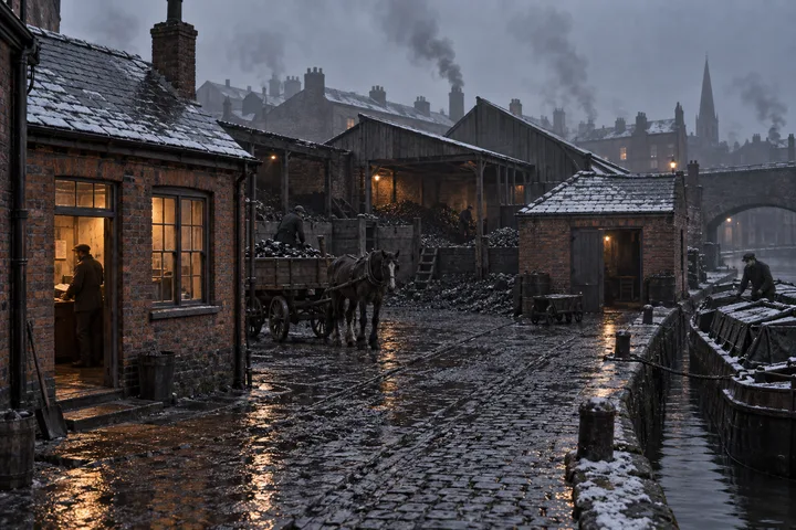 Coal Yards, c. 1895; AI-generated historical interpretation set in Britain.