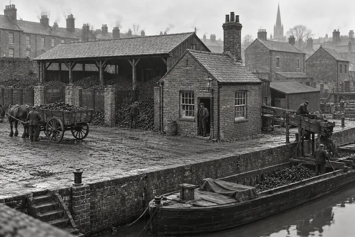 Coal Yards, c. 1889; AI-generated historical interpretation set in Britain.