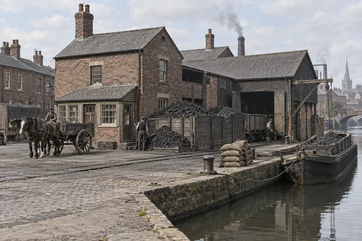 Coal Yards, c. 1898; AI-generated historical interpretation set in Britain.