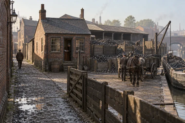 Coal Yards, c. 1882; AI-generated historical interpretation set in Britain.