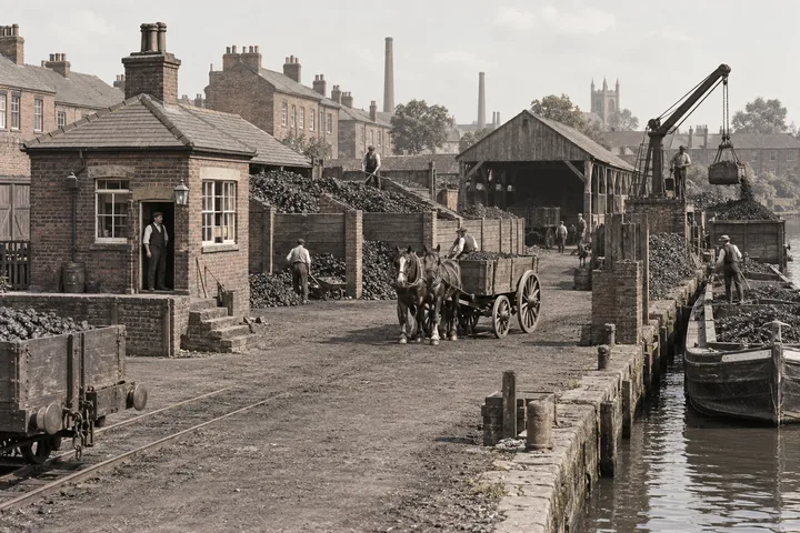 Coal Yards, c. 1906; AI-generated historical interpretation set in Britain.