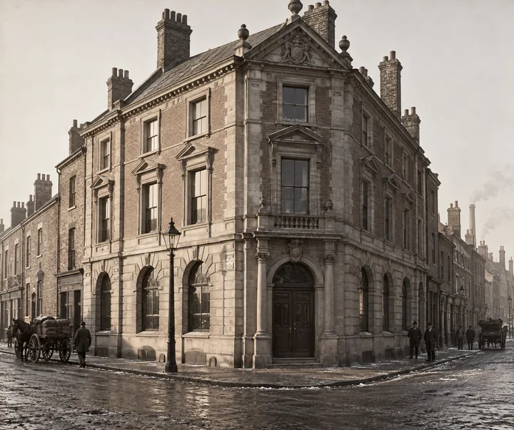 Corner Buildings, c. 1888; AI-generated historical interpretation set in Britain.