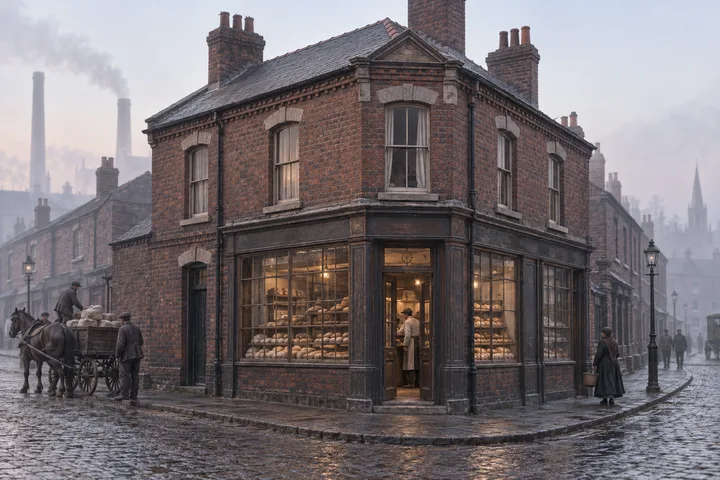 Corner Buildings, c. 1880; AI-generated historical interpretation set in Britain.