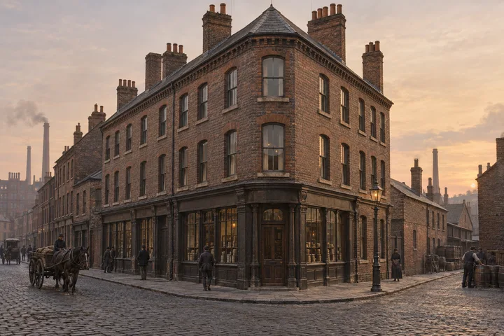 Corner Buildings, c. 1885; AI-generated historical interpretation set in Britain.