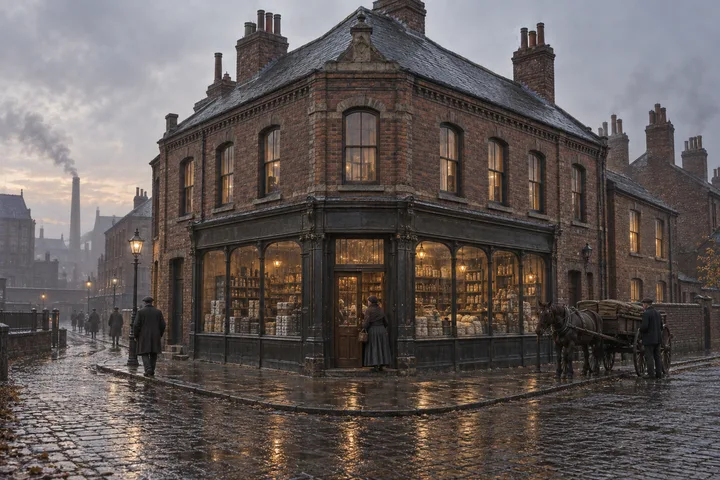 Corner Buildings, c. 1892; AI-generated historical interpretation set in Britain.