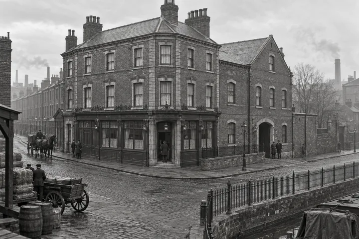 Corner Buildings, c. 1897; AI-generated historical interpretation set in Britain.