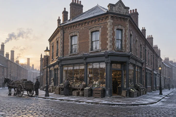 Corner Buildings, c. 1900; AI-generated historical interpretation set in Britain.