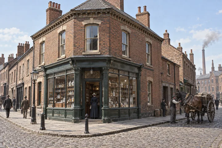 Corner Buildings, c. 1880; AI-generated historical interpretation set in Britain.
