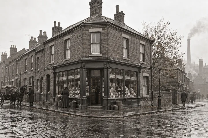 Corner Buildings, c. 1896; AI-generated historical interpretation set in Britain.