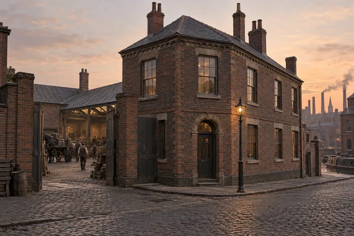 Corner Buildings, c. 1890; AI-generated historical interpretation set in Britain.