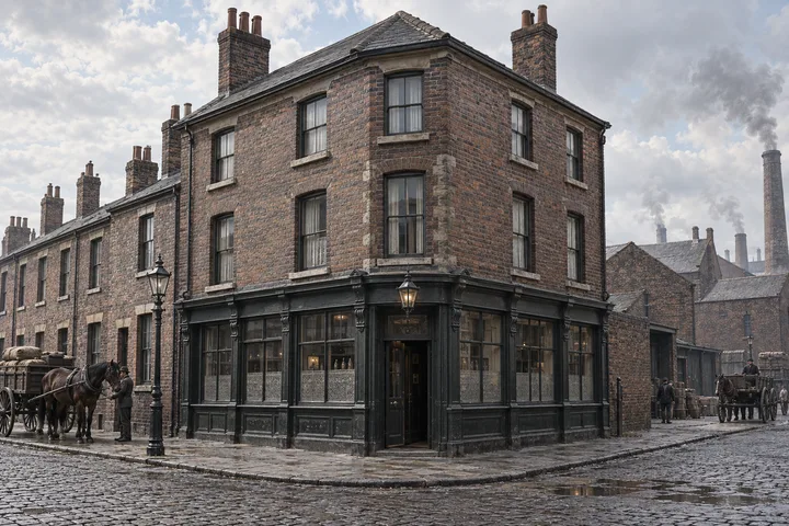 Corner Buildings, c. 1883; AI-generated historical interpretation set in Britain.