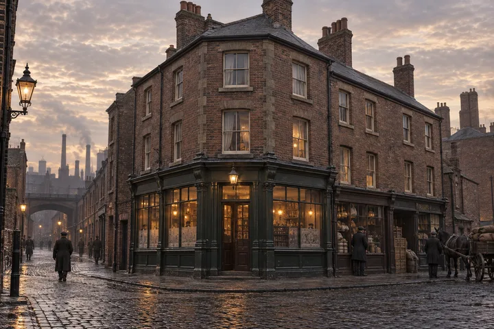 Corner Buildings, c. 1907; AI-generated historical interpretation set in Britain.