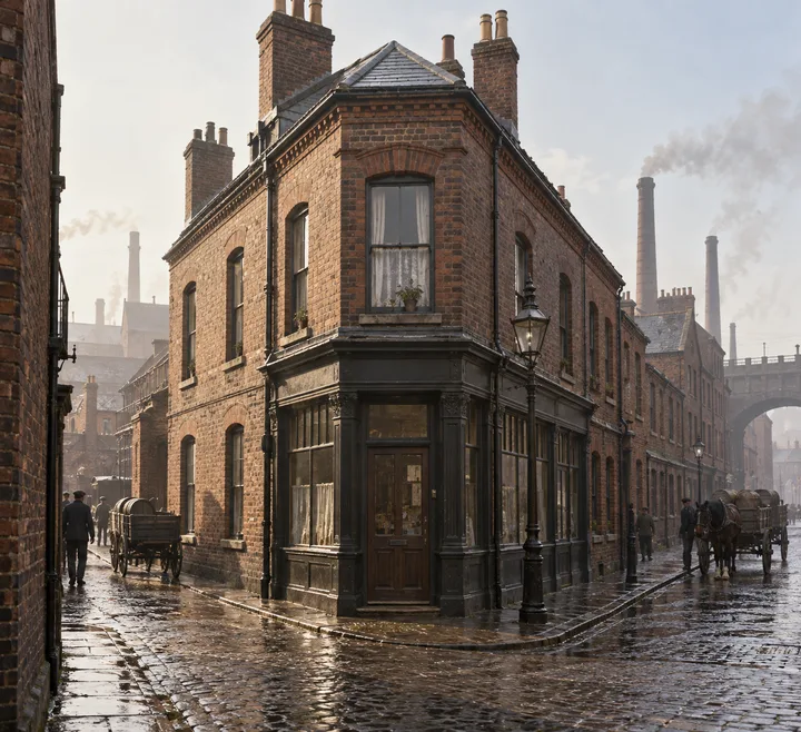 Corner Buildings, c. 1904; AI-generated historical interpretation set in Britain.