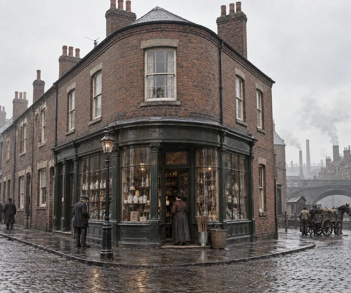 Corner Buildings, c. 1886; AI-generated historical interpretation set in Britain.
