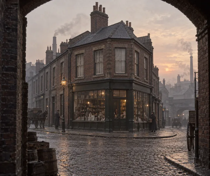 Corner Buildings, c. 1904; AI-generated historical interpretation set in Britain.