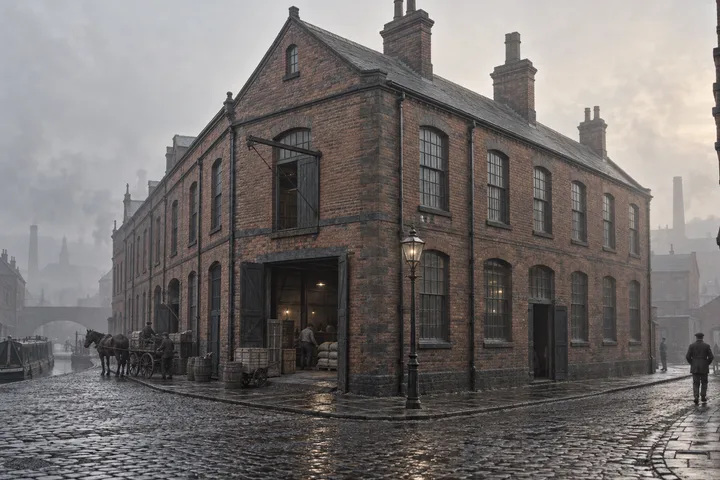 Corner Buildings, c. 1908; AI-generated historical interpretation set in Britain.