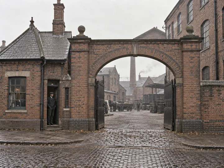 Factory Gates & Entrances, c. 1905; AI-generated historical interpretation set in Britain.
