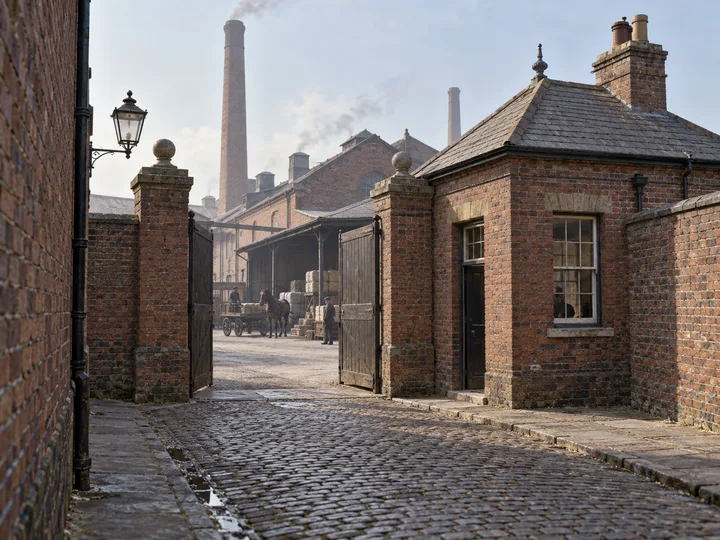 Factory Gates & Entrances, c. 1899; AI-generated historical interpretation set in Britain.