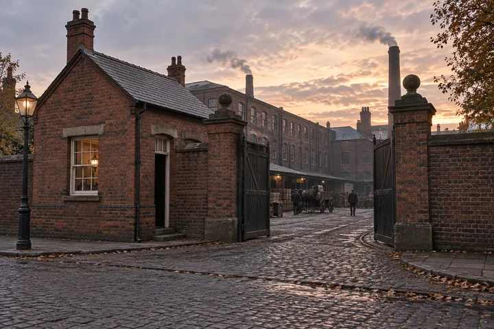 Factory Gates & Entrances, c. 1910; AI-generated historical interpretation set in Britain.